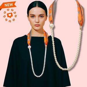 NEW Pattern Print Fabric Scarf Pearl Magnetic Snap Together Necklace